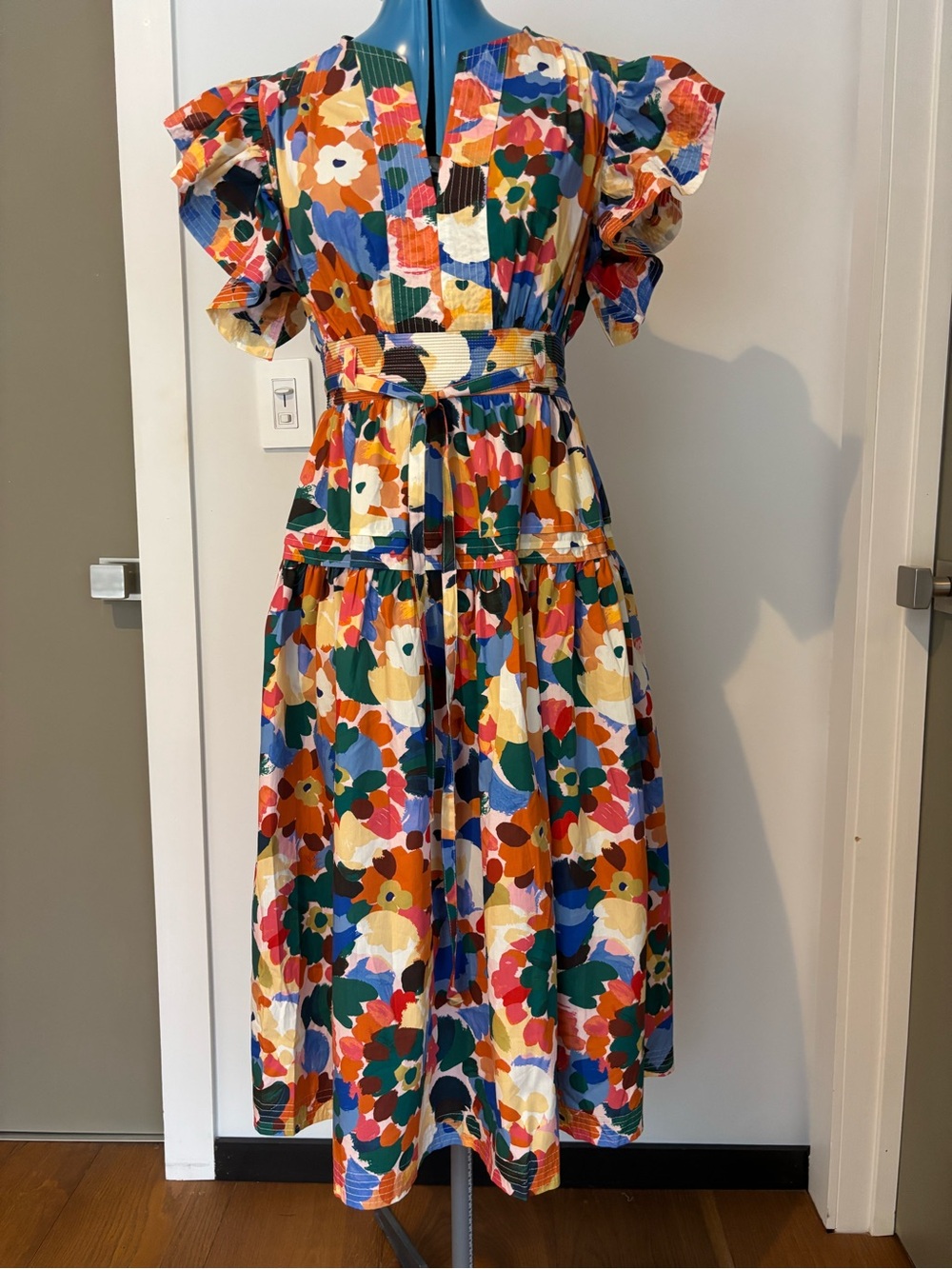 Prosperina Astor Floral Cotton Belted Ruffle Midi Dress NWT S